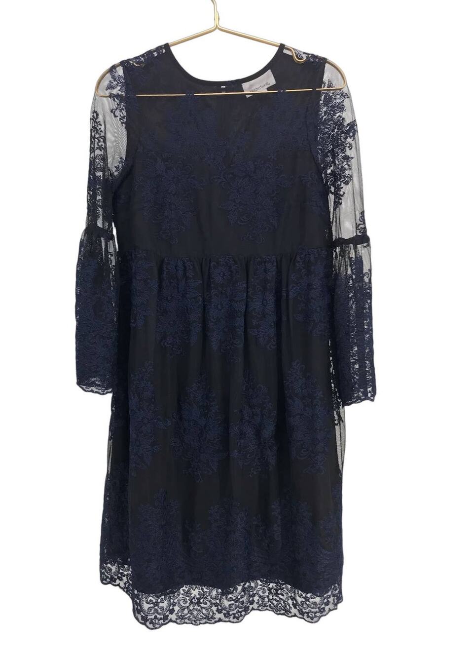 Motherhood Maternity Black Blue Floral Embroidered Sheer Bell Sleeve Dress S